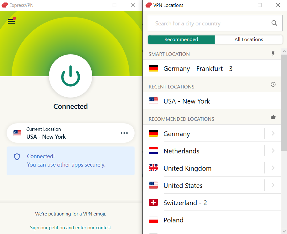 ExpressVPN windows app connected to the United States