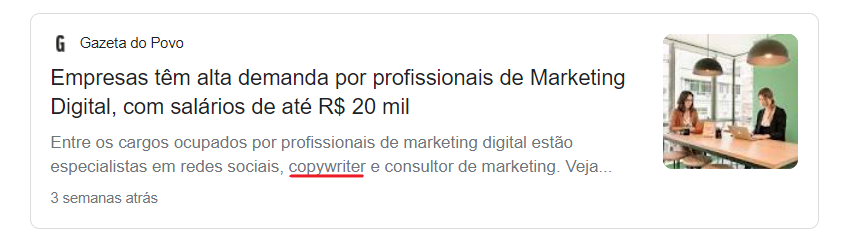 5 provas de que Copywriter é a profissão mais lucrativa do Marketing Digital - Print de uma matéria do Gazeta do Povo com o título "Empresas têm alta demanda por profissionais de Marketing Digital, com salários de até R$20 mil".