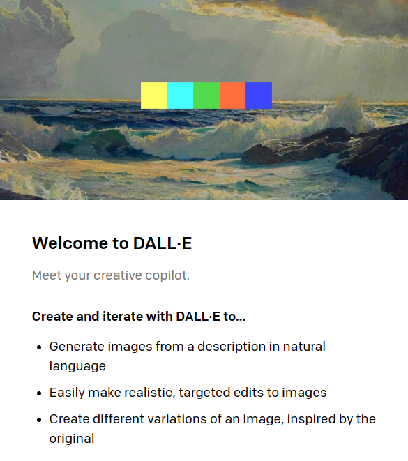 The welcome screen of DALL-E 2 which showcases the functions of the app.