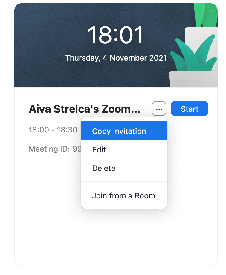 A screenshot showing how to set up a Zoom meeting by copying the invitation link
