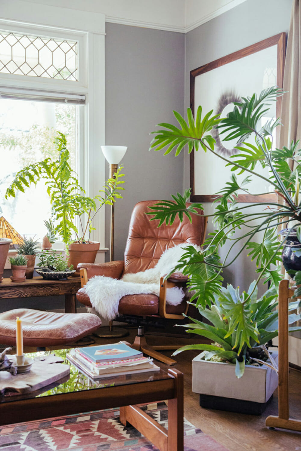 Lush plants surrounding a lounge chair