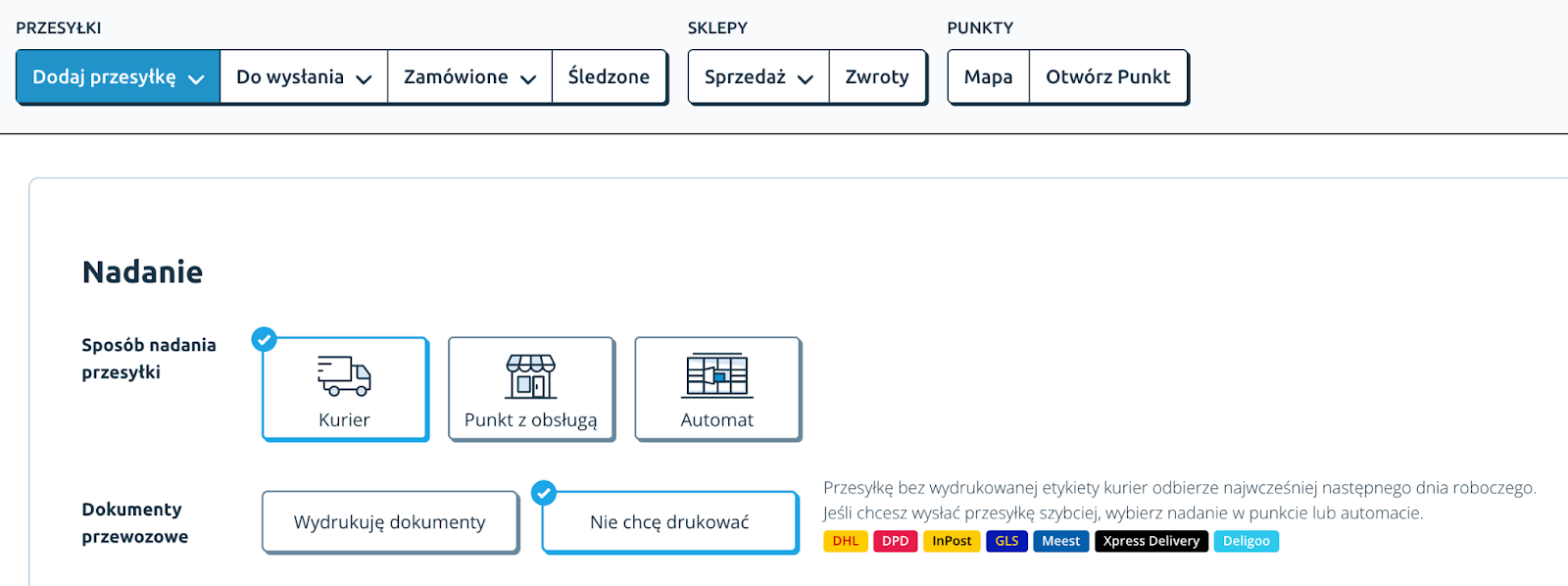 Opcja wysyłania paczki bez drukowania etykiety