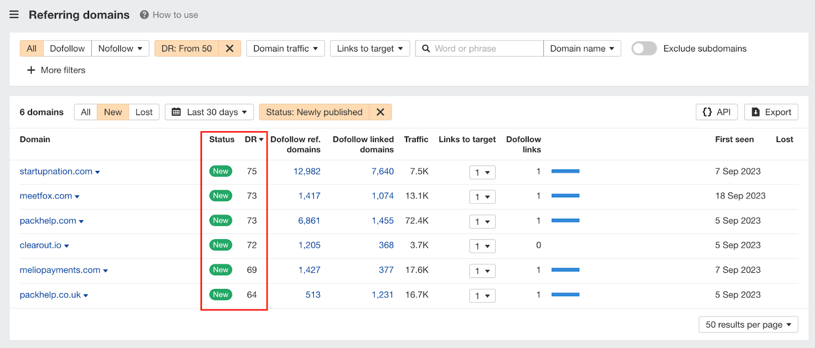 Screenshot of new referring domain links on Ahrefs