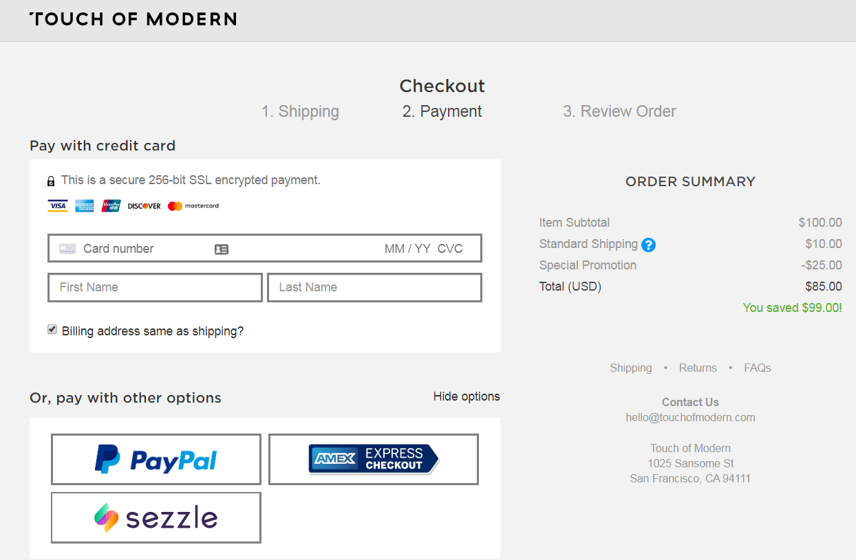 example of sezzle checkout on  touch of modern site.