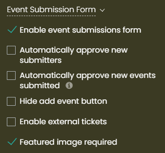 print screen of the General Settings right panel with Event Submissions Form area enabled