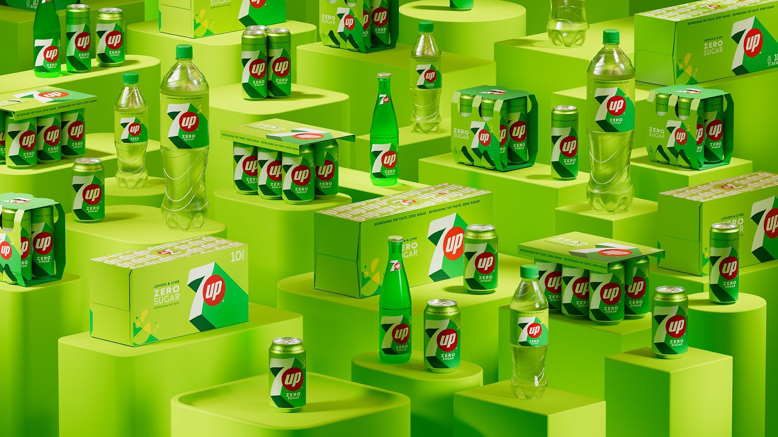 Image shows a selection of 7UP zero sugar products featuring the new design identity, which are stacked on green boxes