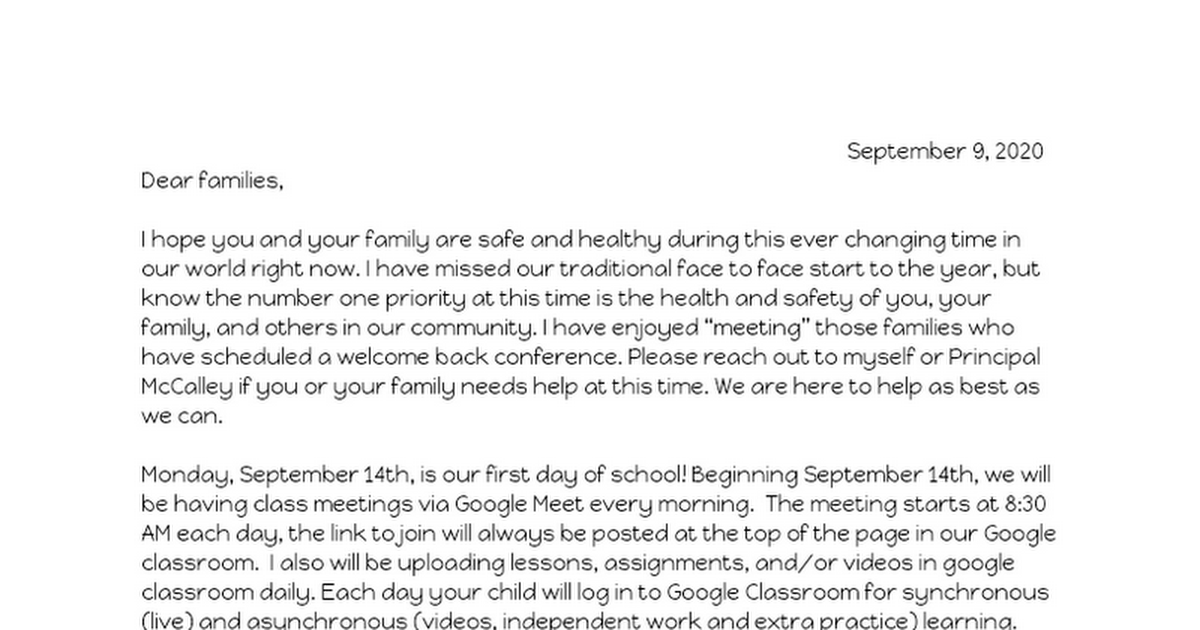 Keeth Welcome to School Letter