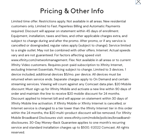 Screenshot of Xfinity's internet pricing disclosure.