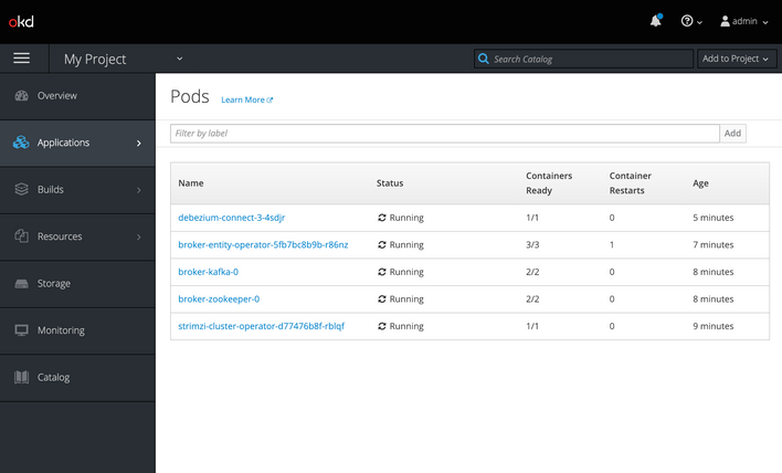 Install Debezium | Output for installing Debezium using OpenShift