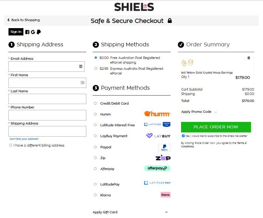 Shiels using One Page Checkout and Buy Now Pay humm Later in Jewelllery