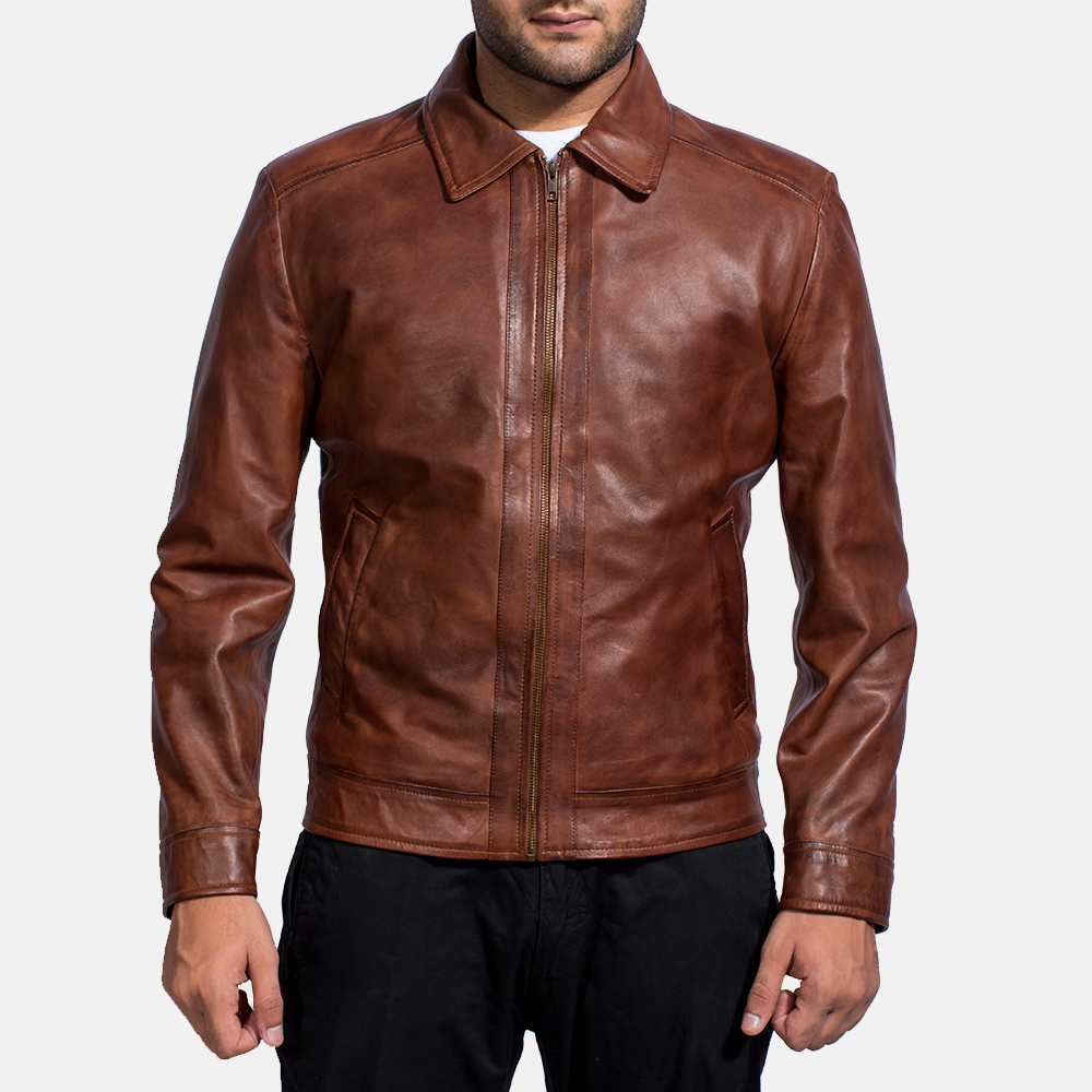 Model in Inferno Brown Leather Jacket. 