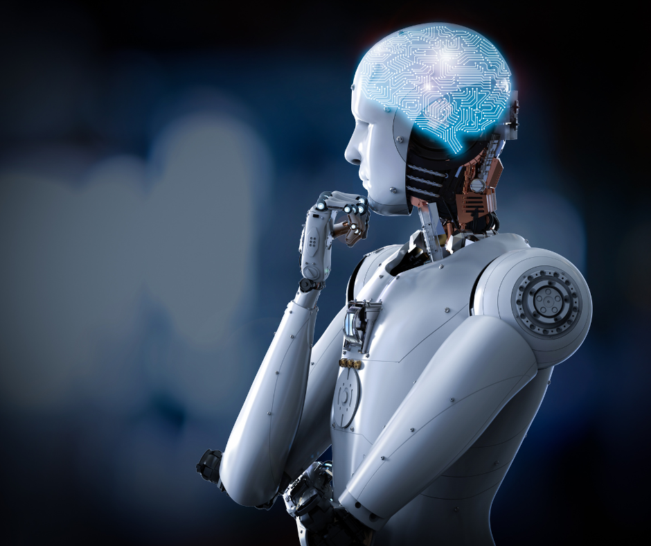 AI robot poised in thinking pose with fist on chin and arm folded across abdomen area