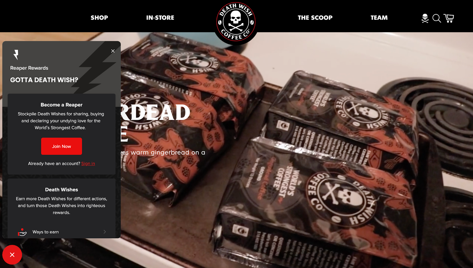 Best loyalty programs 2021 example 9–Screenshot of Death Wish Coffee's home page and rewards program panel