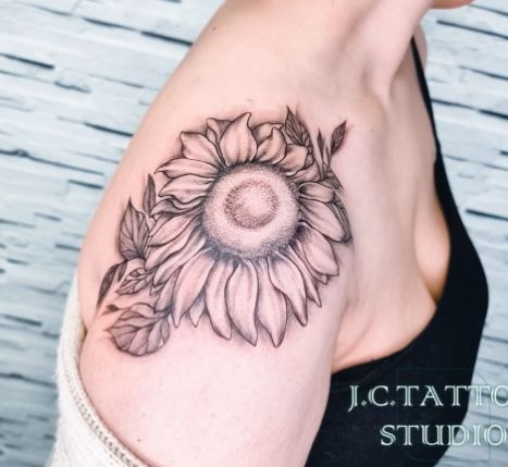 Dotted Sunflower Shoulder Tattoo