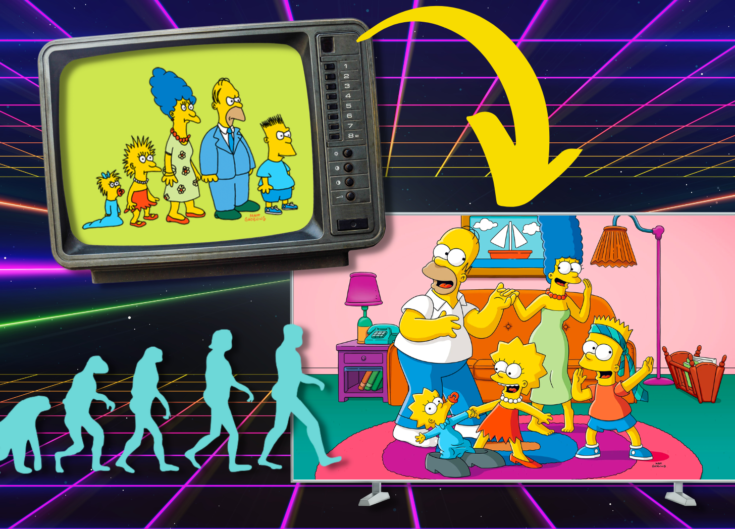 A graphic showing the old and new versions of the Simpsons animations, over an 80s laser background. The only way to tap into your creativity is to practice. 