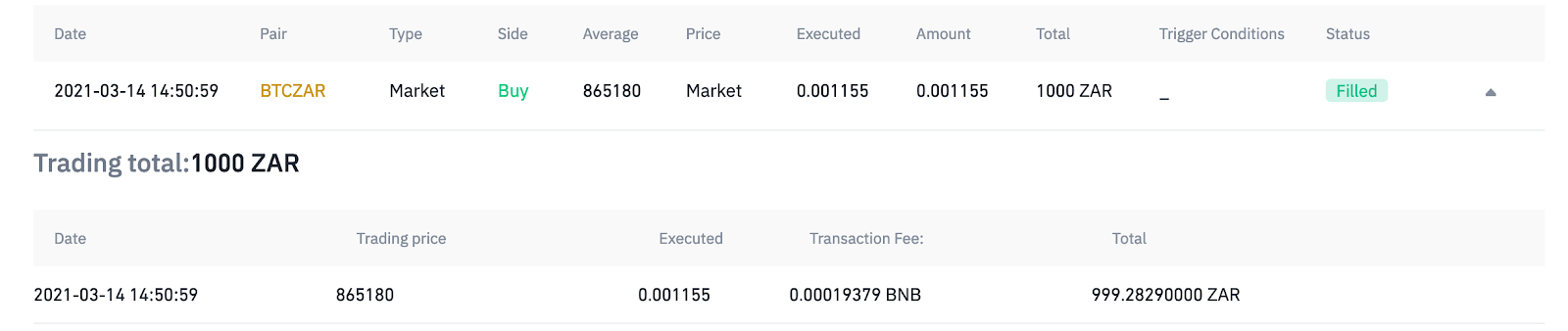 Screenshot of the purchase order of Bitcoin from Binance.