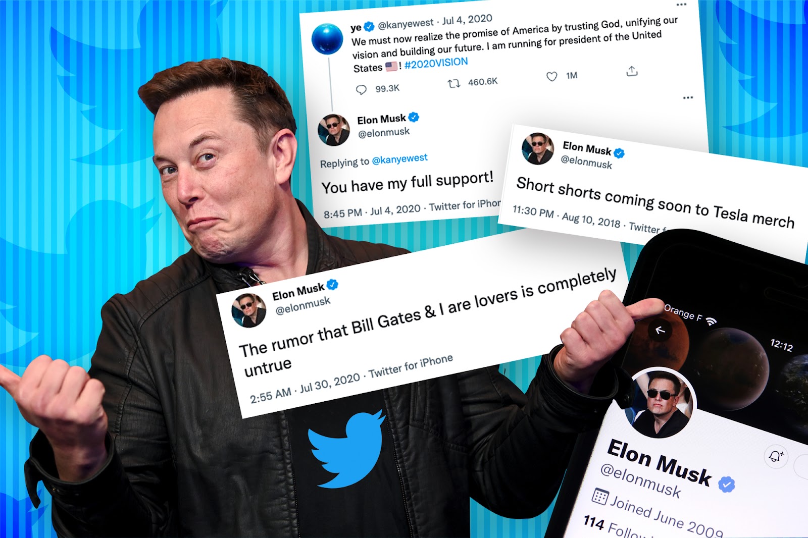 Elon musk quirkily posing surrounded by his funny tweets that include 'the rumor that Bill Gates & I are lovers is completely untrue'.