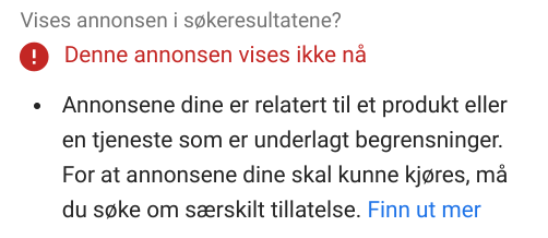 Feilmeldingen i Google Ads om annonsen din er stanset av corona-viruset.