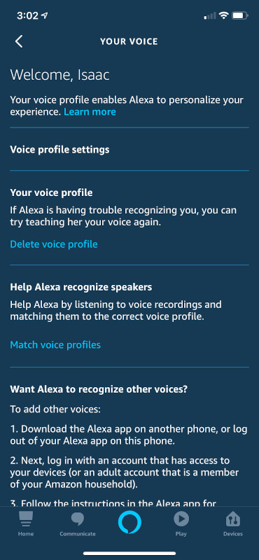 Alexa App Voice Profile Settings