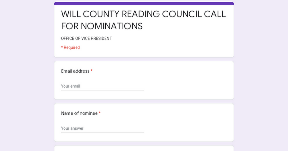 WILL COUNTY READING COUNCIL CALL FOR NOMINATIONS