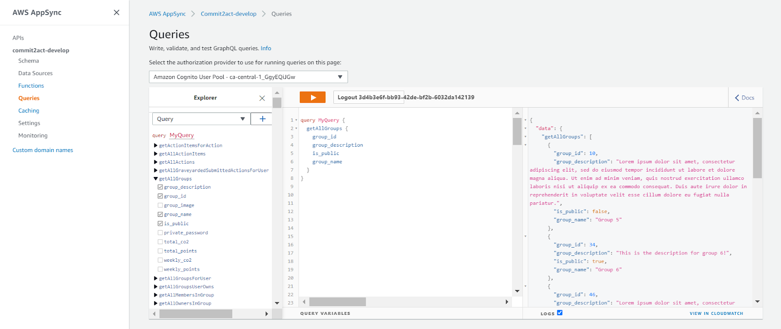 A screenshot of the Queries page on AWS AppSync.