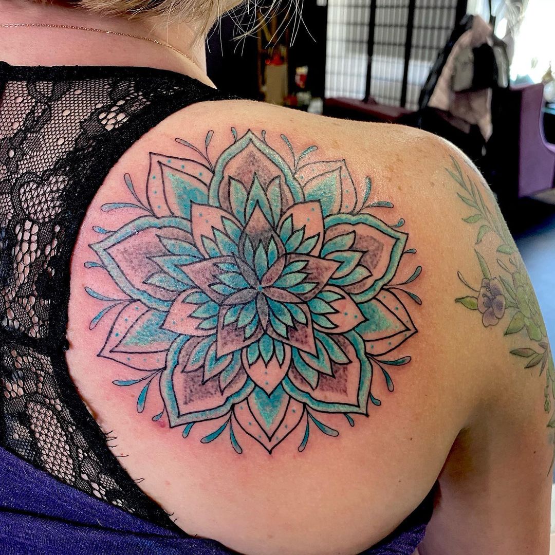 Teal Mandala Tattoo For Back Shoulder