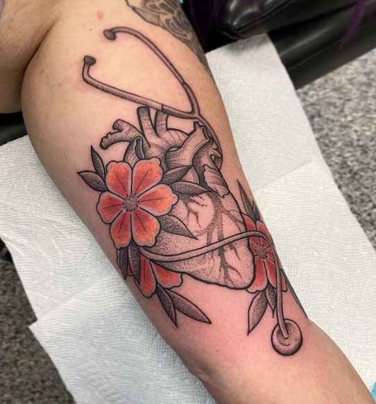 Floral Stethoscope Heart Small Nurse Tattoo