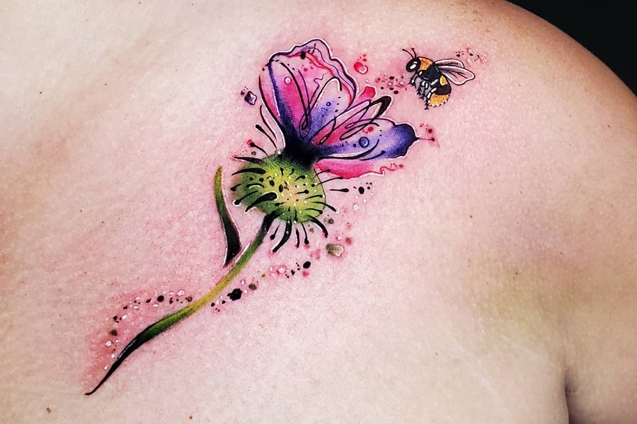 Vibrant Scottish Thistle Tattoo Ideas With Bee 