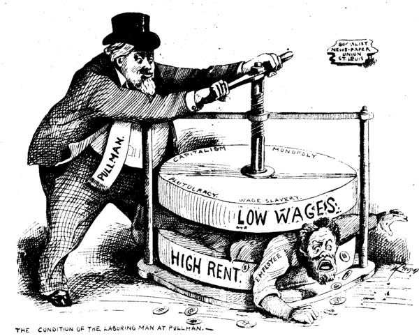 This Chicago political cartoon from 1894 was inspired by the Pullman Railroad Strike. The worker is being squeezed between low wages. and high rents by his 