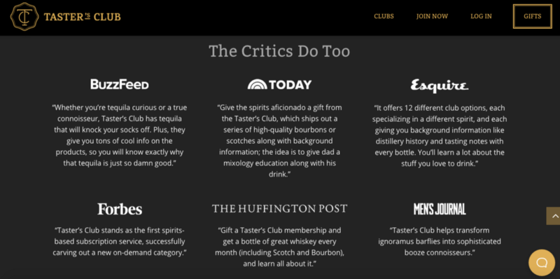 A screenshot of brand endorsements on Taster's Club's landing page.