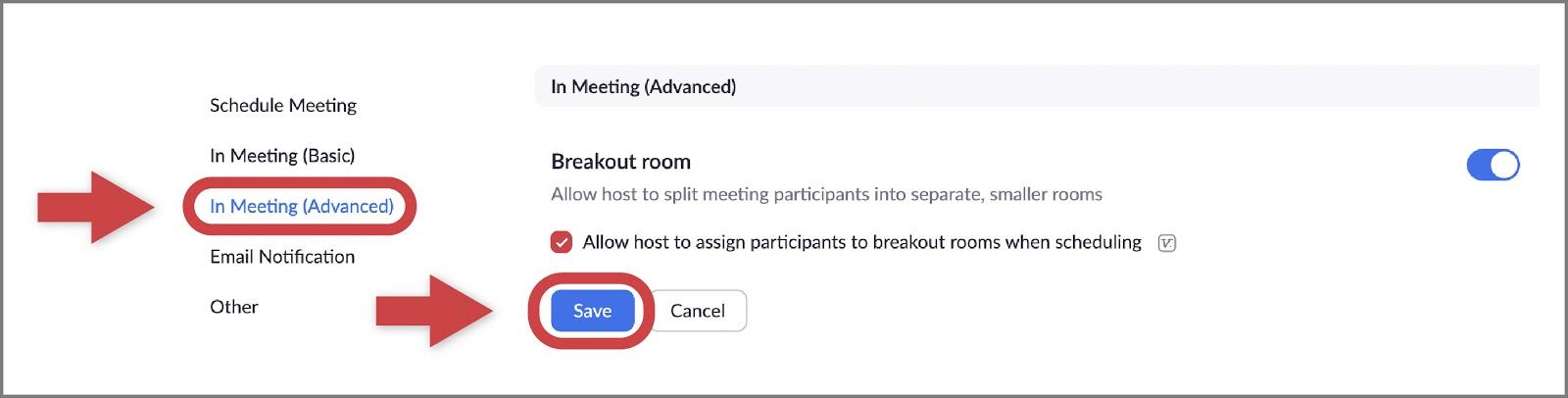 Zoom portal with arrow pointing to Settings > In Meeting (Advanced)