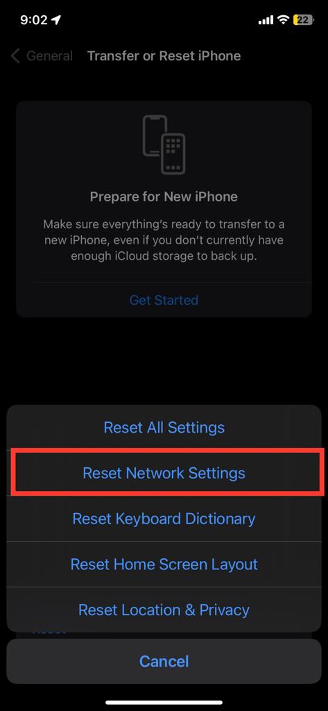 Reset all network setting