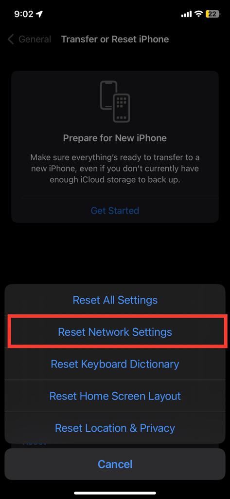Reset all network setting