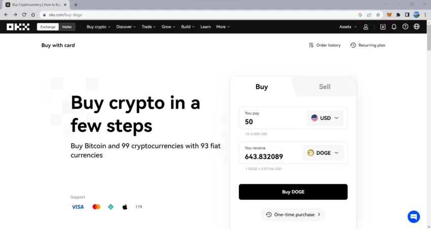 Man sieht einen dritten Screenshot der Webseite von OKX. Wie beim Zeiten geht es um den Kauf von Kryptos auf einer Kryptobörse - Ein Bild von okx.com.