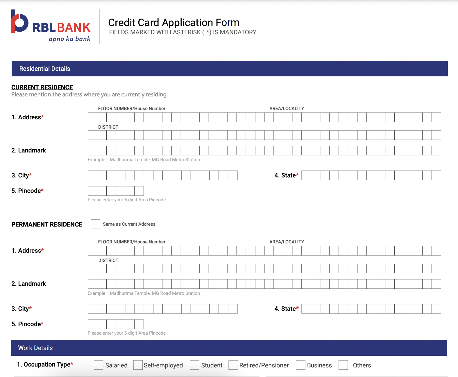 credit card application form pdf, RBL Bank