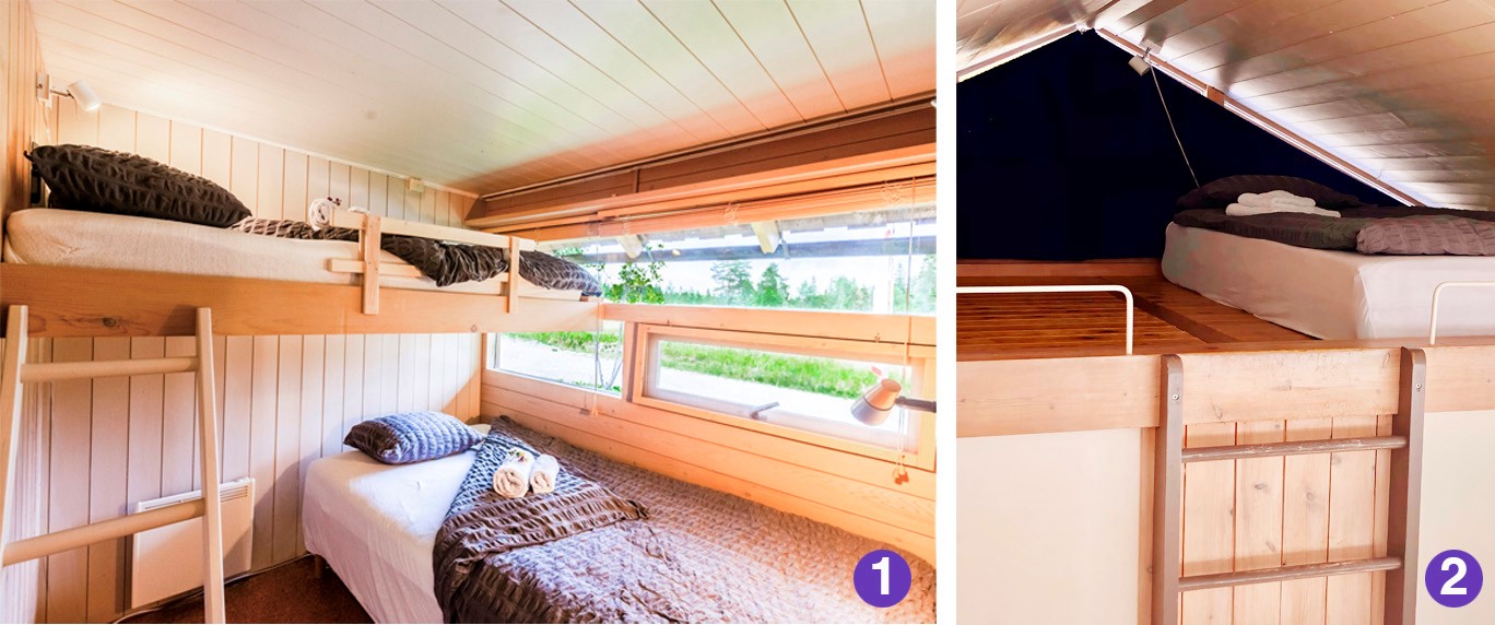 We have nine cabins with two bedrooms and one cabin with three bedrooms. Single room or shared room are the same kind of room (photo 1). Loft/hems has one sleeping space per cabin (photo 2). /// Vi har ni hytter med to soverom og én hytte med tre soverom. Enkeltrom og delt rom er samme type rom (foto 1). Hems har én soveplass per hytte (foto 2).  