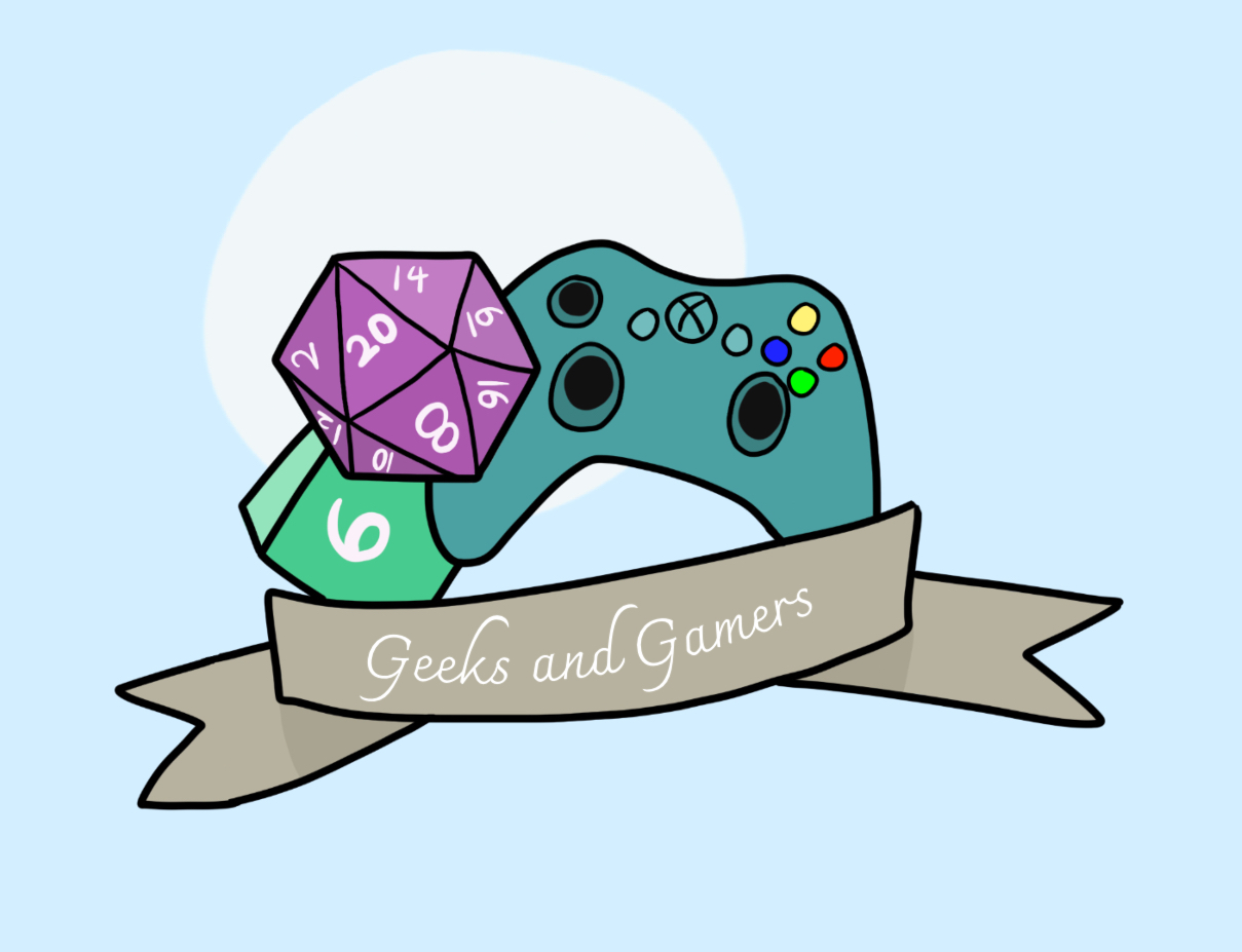 ilustrace vícestranné kostky, ovladače videohry a banneru s nápisem Geeks and Gamers