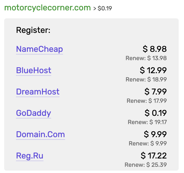 Screenshot from Namemesh showing price details for purchasing the domain name motorcyclecorner.com