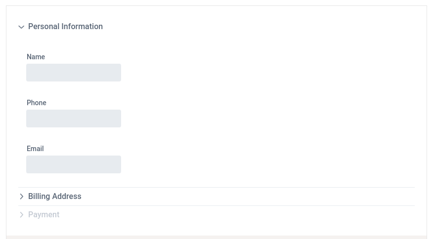 Expanded Personal information form section with vertically aligned text fields Name, Phone and Email. Other form sections like Billing and Payment are collapsed.
