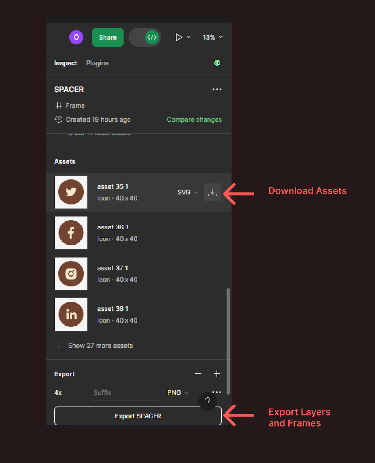 This image shows how to download assets in Dev Mode