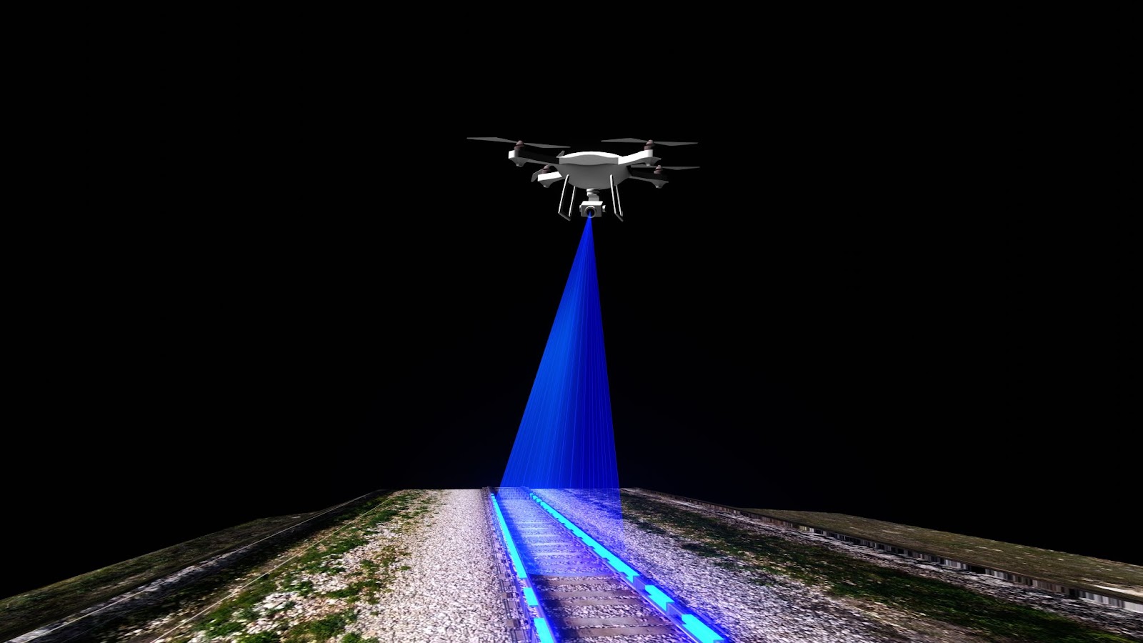 LiDAR drone conductng railway inspection at night time