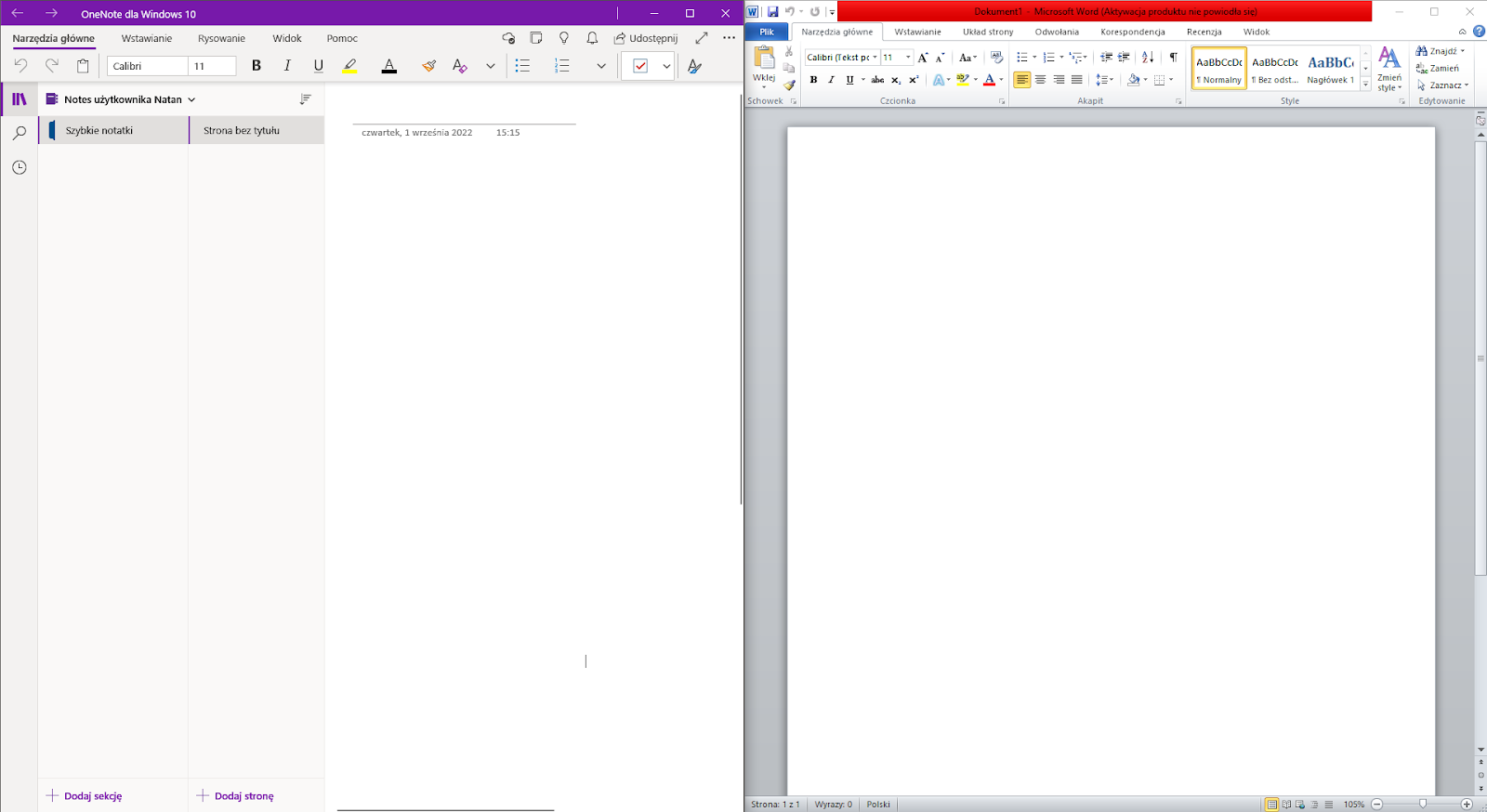 OneNote and Word interface side by side