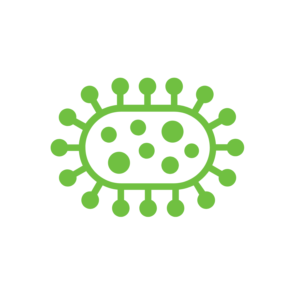 Green microbe graphic with spots inside cell.  Microbe Image By Adrien Coquet, FR