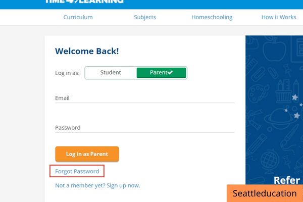forgot password of time4learning student online account