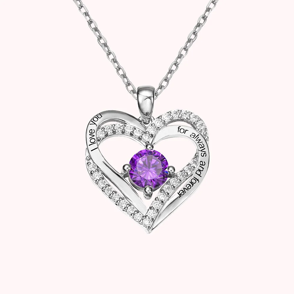 Collier en forme de double cœur avec personnalisation de gravures et pierre de naissance violette au centre.