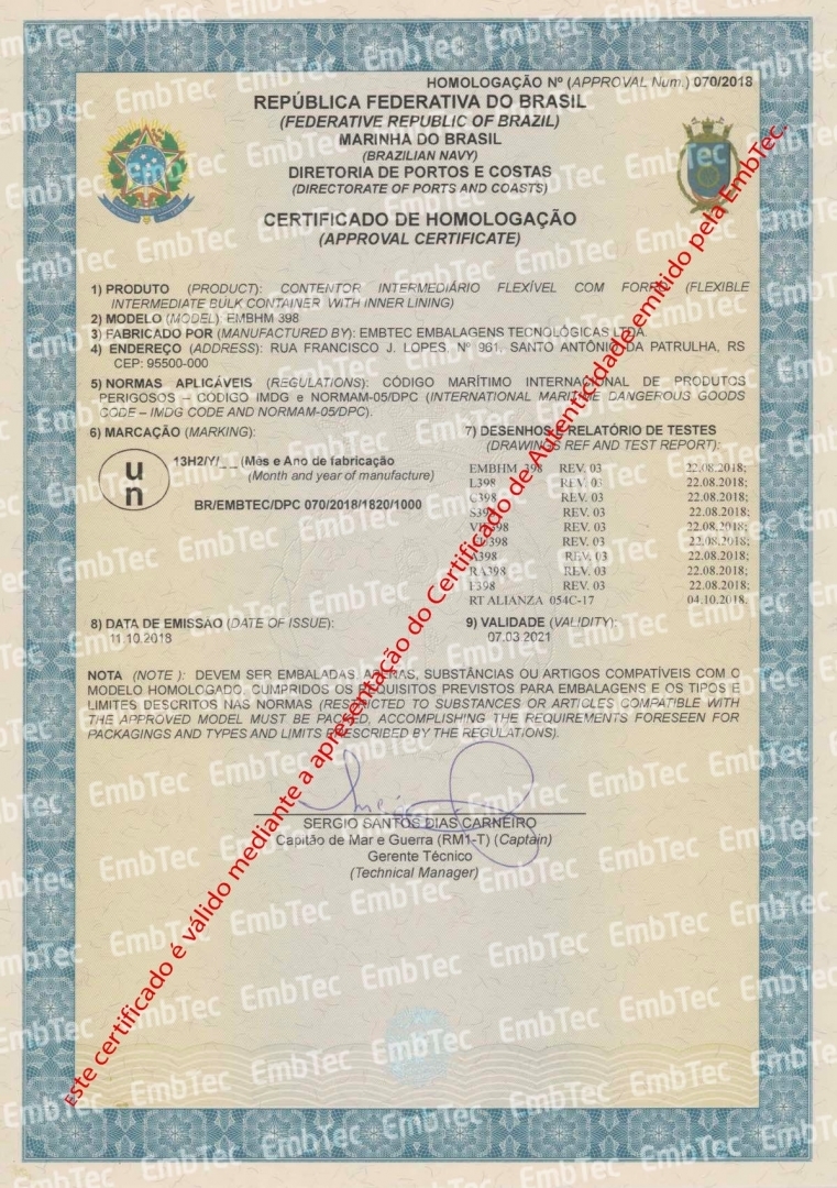 certificado marinha big bag
