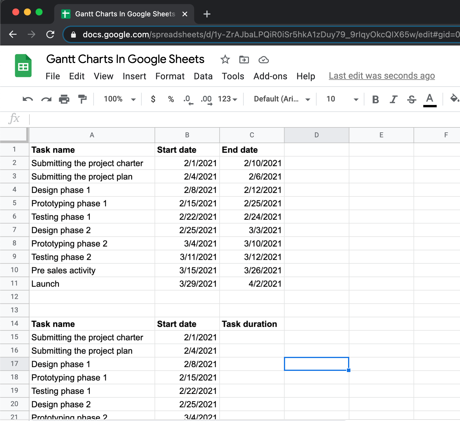 Calculate task durations in google sheets