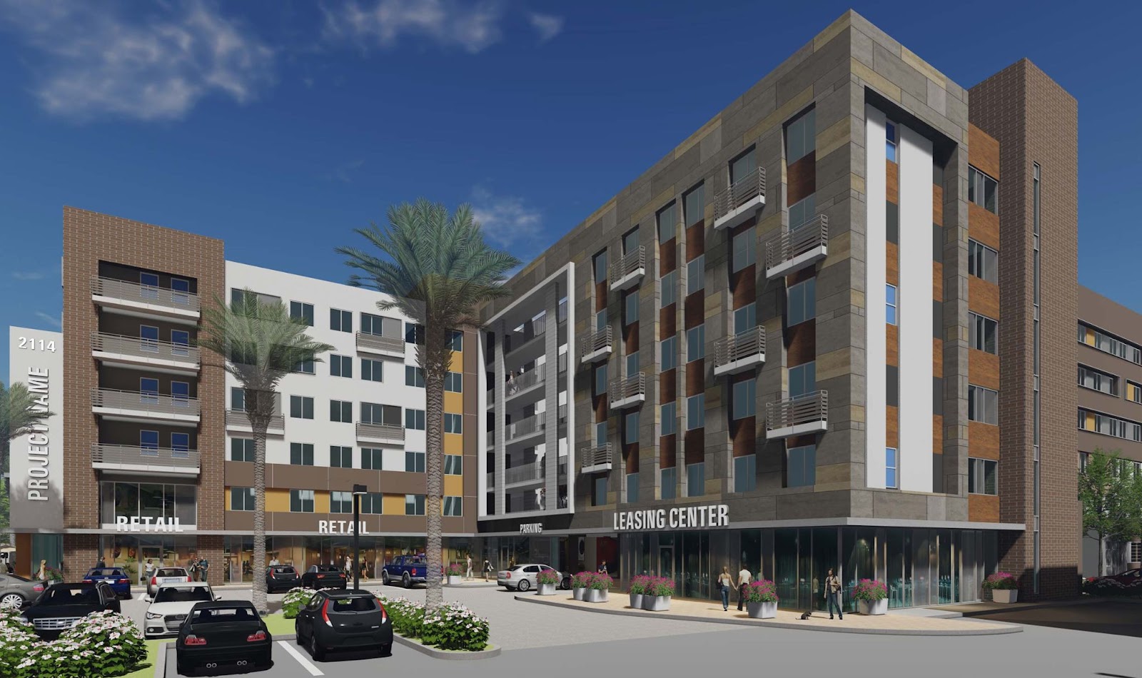 A computer rendering of a new apartment building. There are two palm trees and a few vehicles in the parking lot in the foreground. The building appears to be backwards-L shaped, with the top coming towards the viewer from the right. There are multiple textures on the building, some areas are painted white or yellow, some seem to be almost like wood floor and some seem to be brick. The bottom floor is commercial space, it has the word "RETAIL" in three places along the overhang on the first floor, as well as a LEASING CENTER on the right.