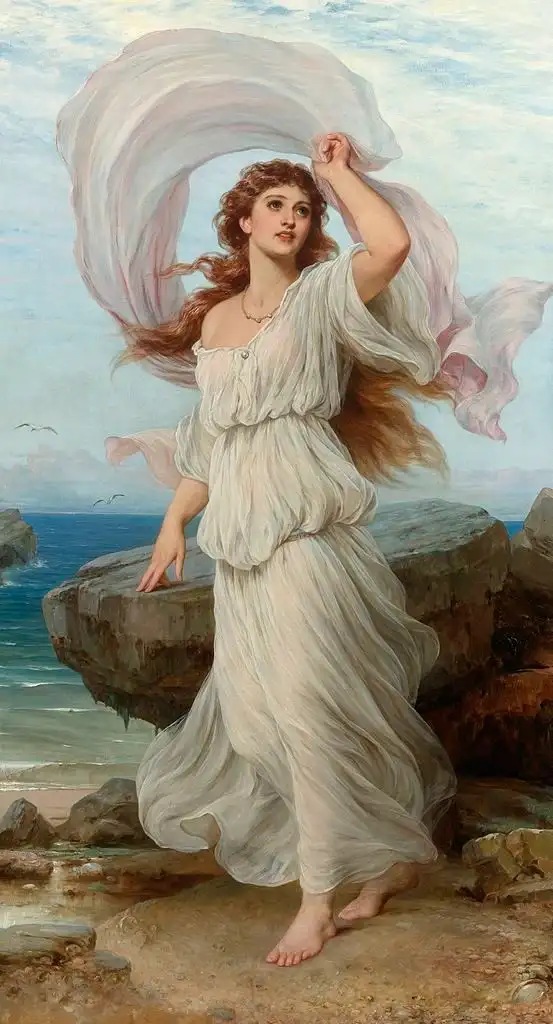 The artist depicts Aphrodite wearing a tulle dress and flinging a chiffon scarf above her head as she stands by the rocky shore. 
