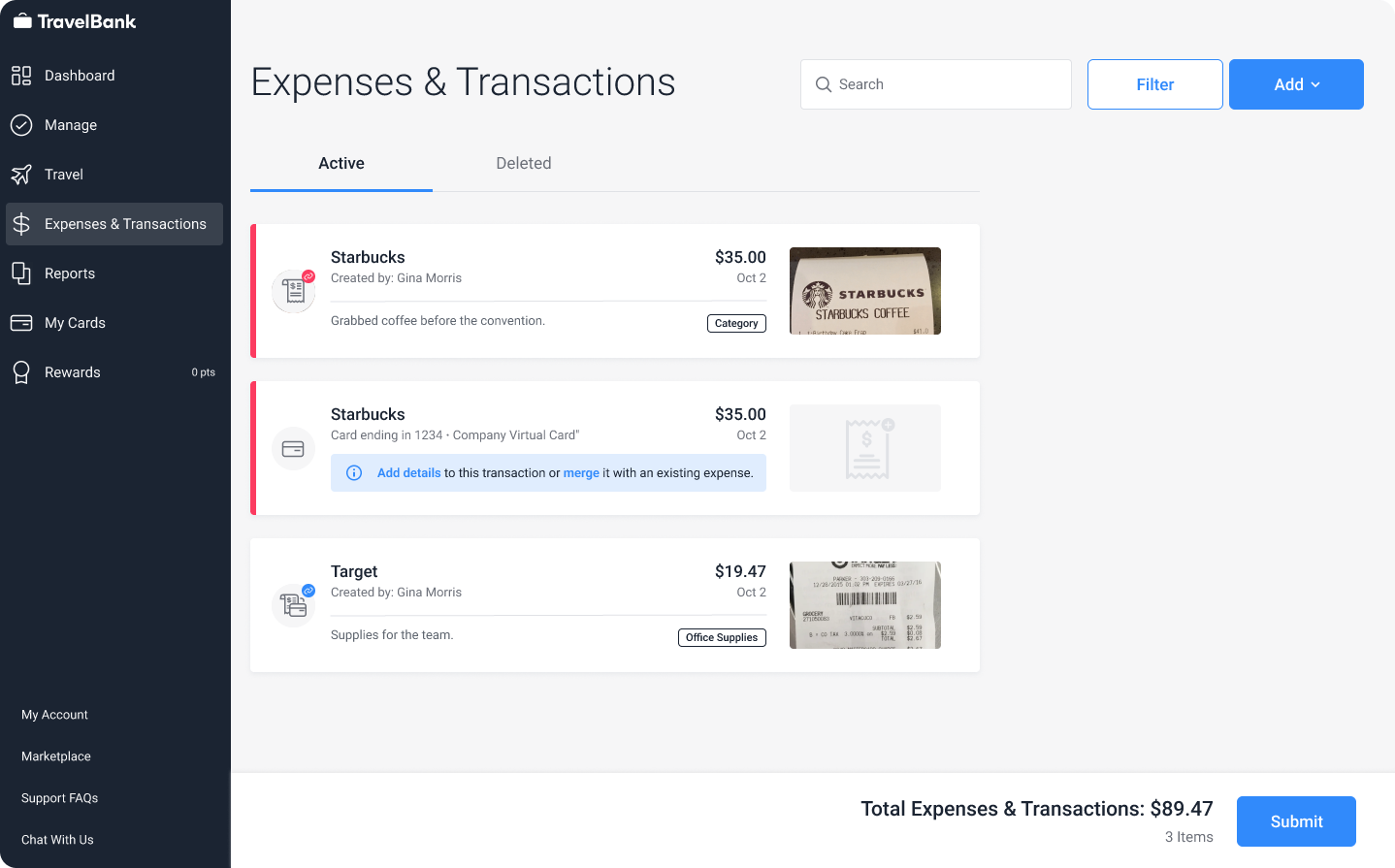 expenses & transactions screenshot